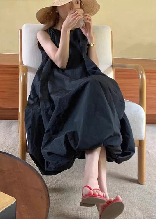 Fine Black Oversized Cotton Ankle Dress Sleeveless - Image 2