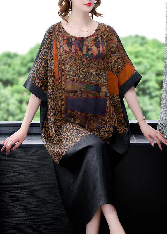 Fine Black Oversized Patchwork Print Silk Vacation Dress Summer - Image 2
