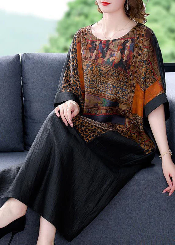 Fine Black Oversized Patchwork Print Silk Vacation Dress Summer - Image 3