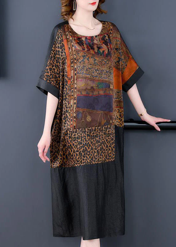 Fine Black Oversized Patchwork Print Silk Vacation Dress Summer - Image 4