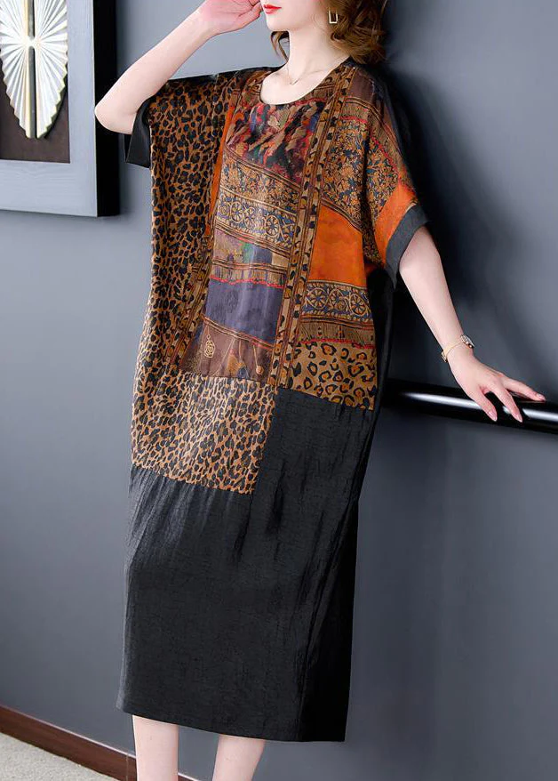 Fine Black Oversized Patchwork Print Silk Vacation Dress Summer - Image 5