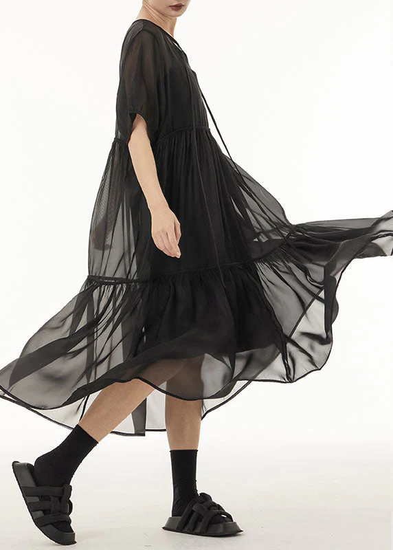 Fine Black Oversized Patchwork Tulle Holiday Dress Two-Piece Set Summer - Image 2
