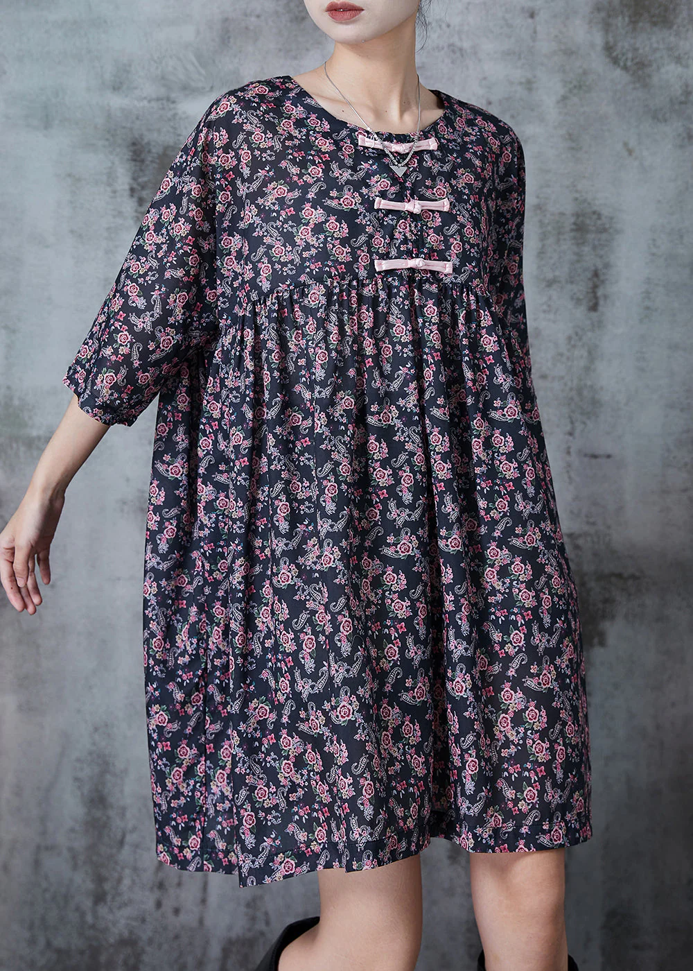 Fine Black Oversized Print Cotton Mid Dress Summer - Image 2
