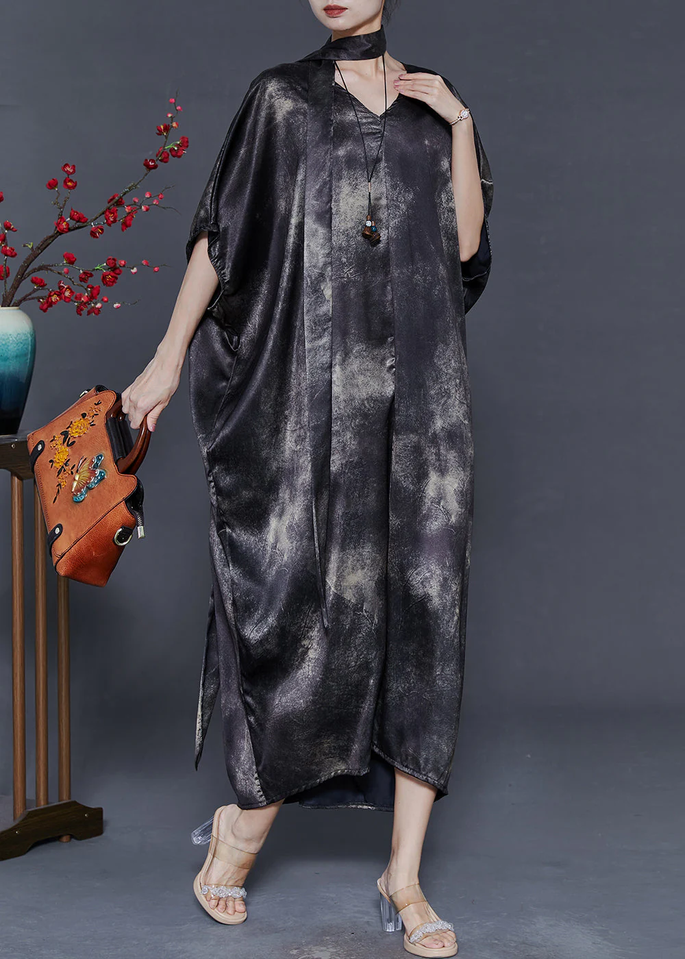 Fine Black Oversized Tie Dye Silk Dresses Batwing Sleeve - Image 3