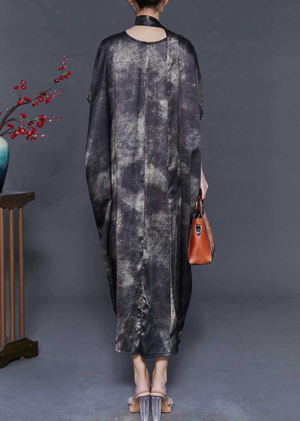 Fine Black Oversized Tie Dye Silk Dresses Batwing Sleeve - Image 4