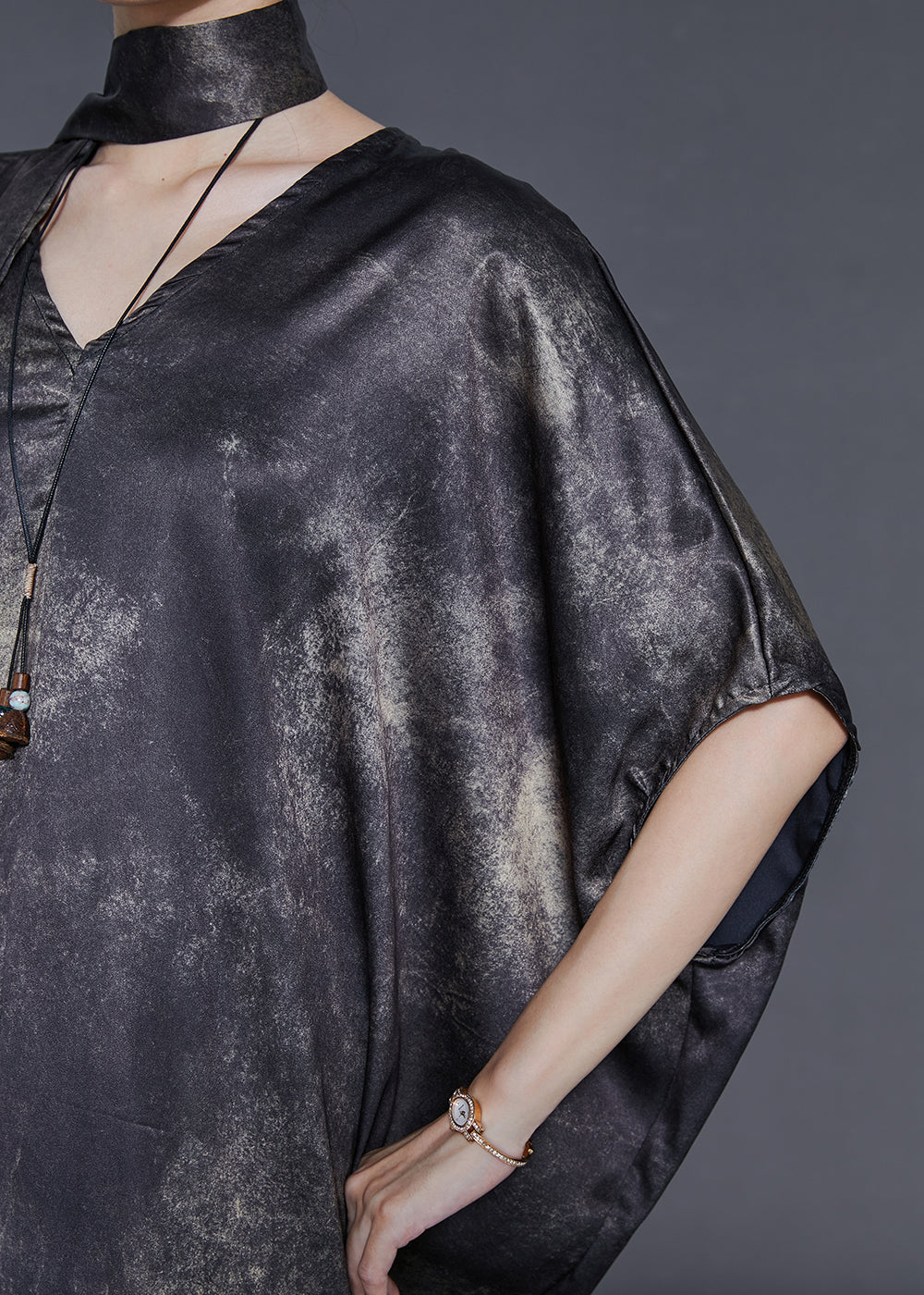 Fine Black Oversized Tie Dye Silk Dresses Batwing Sleeve - Image 5
