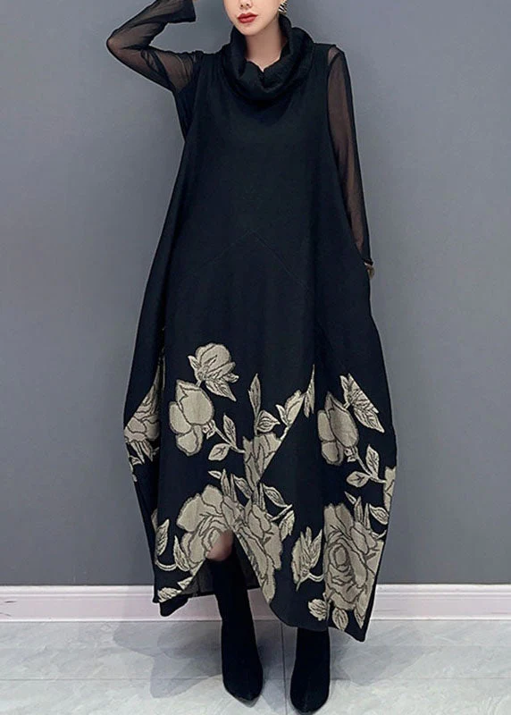 Fine Black Patchwork Orange Turtleneck Print Tulle Patchwork Knit Long Dresses Long Sleeve - Image 2