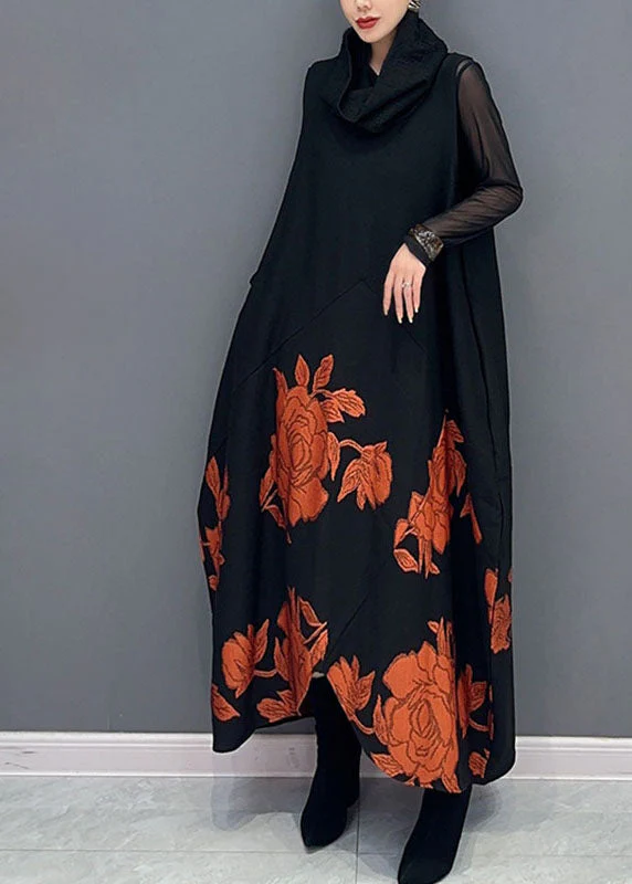 Fine Black Patchwork Orange Turtleneck Print Tulle Patchwork Knit Long Dresses Long Sleeve - Image 3