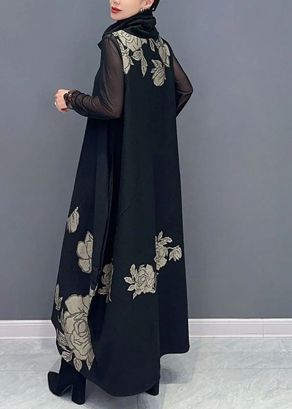 Fine Black Patchwork Orange Turtleneck Print Tulle Patchwork Knit Long Dresses Long Sleeve - Image 4