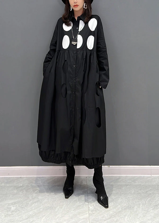 Fine Black Peter Pan Collar Dot Wrinkled Button Maxi Dresses Fall - Image 2