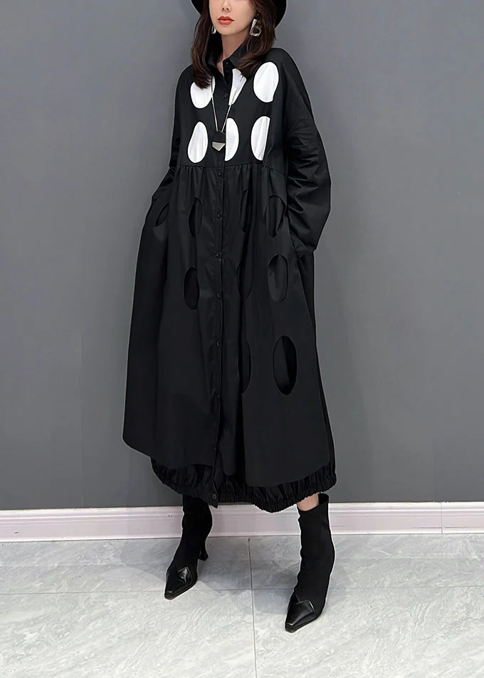 Fine Black Peter Pan Collar Dot Wrinkled Button Maxi Dresses Fall - Image 3