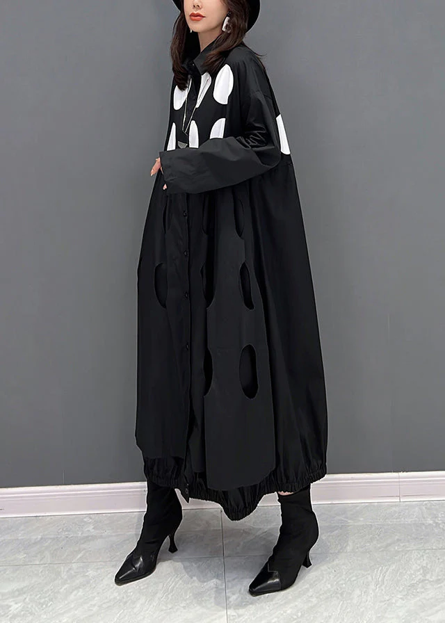 Fine Black Peter Pan Collar Dot Wrinkled Button Maxi Dresses Fall - Image 4
