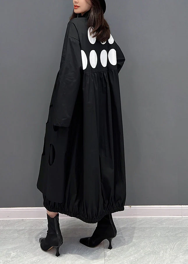 Fine Black Peter Pan Collar Dot Wrinkled Button Maxi Dresses Fall - Image 5