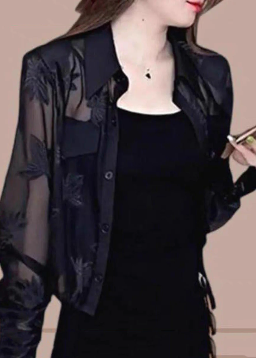 Fine Black Peter Pan Collar Print Ice Silk UPF 50+ Coat Jacket Lantern Sleeve - Image 2