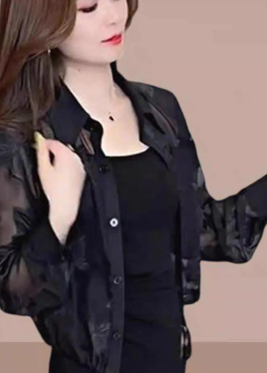 Fine Black Peter Pan Collar Print Ice Silk UPF 50+ Coat Jacket Lantern Sleeve - Image 4