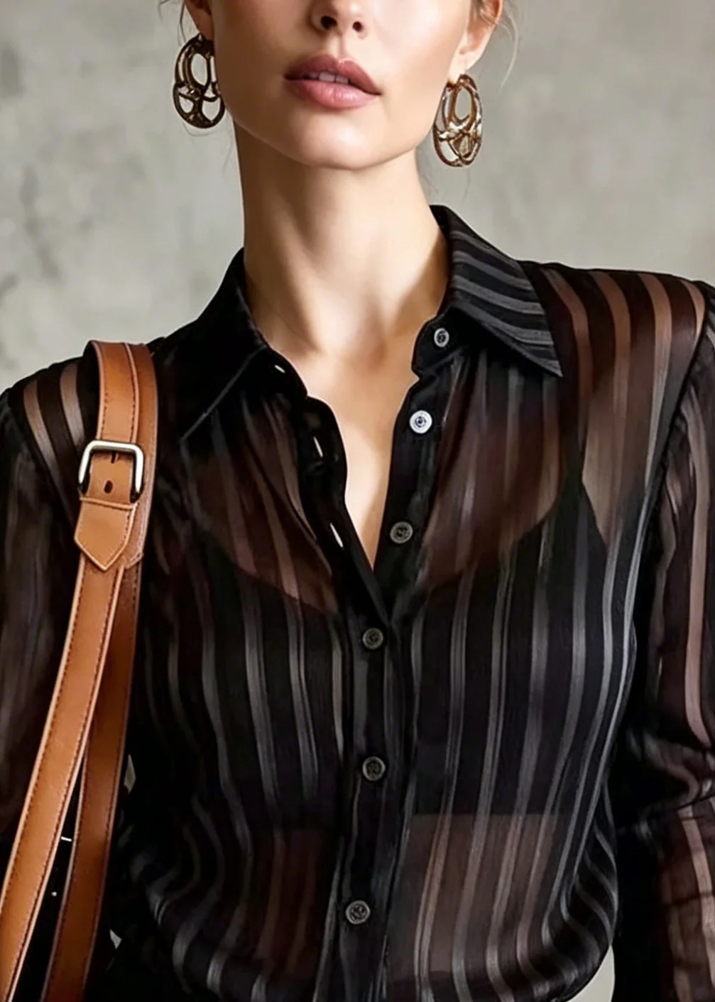 Fine Black Peter Pan Collar Striped Chiffon Top Summer - Image 2