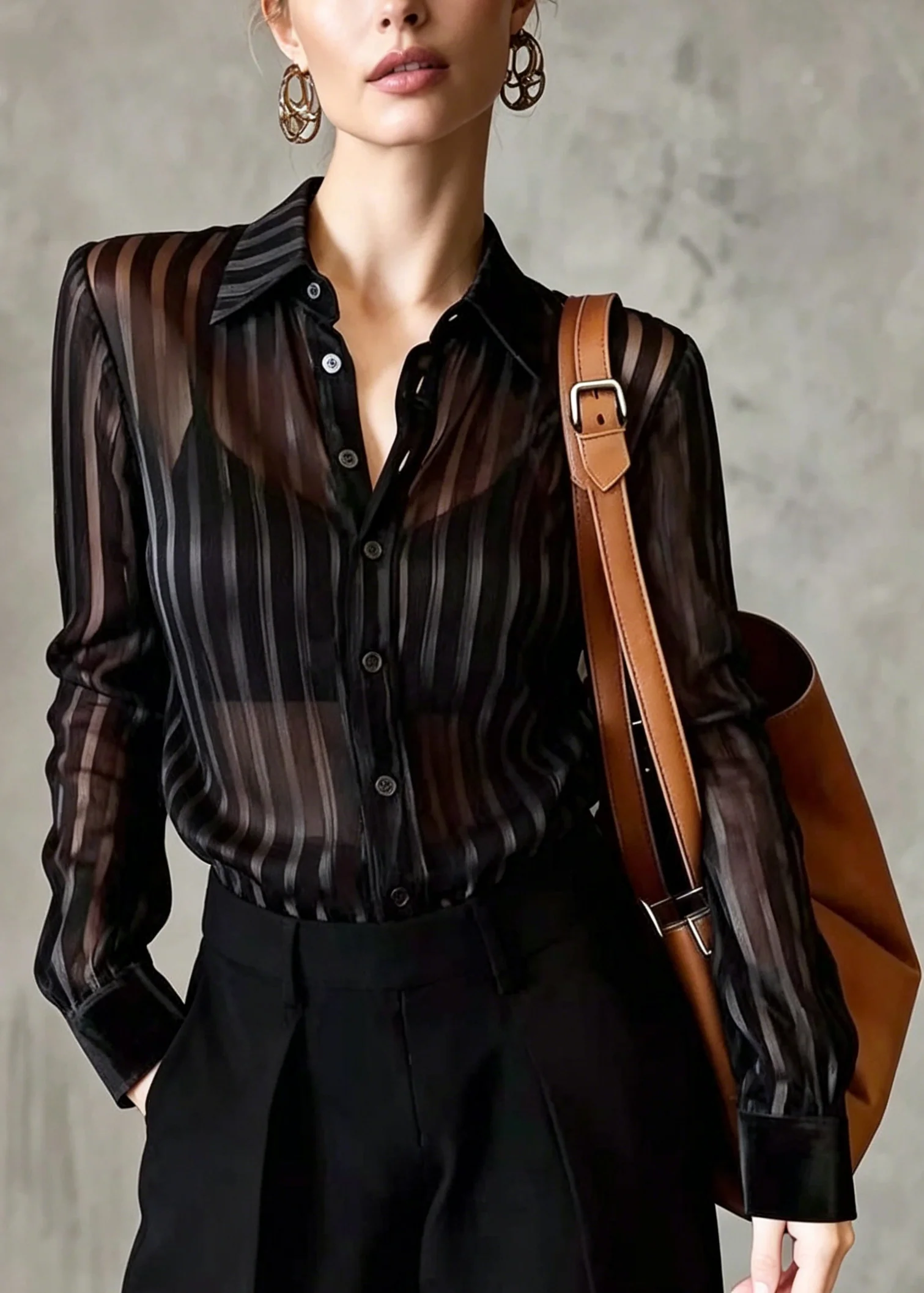 Fine Black Peter Pan Collar Striped Chiffon Top Summer - Image 3