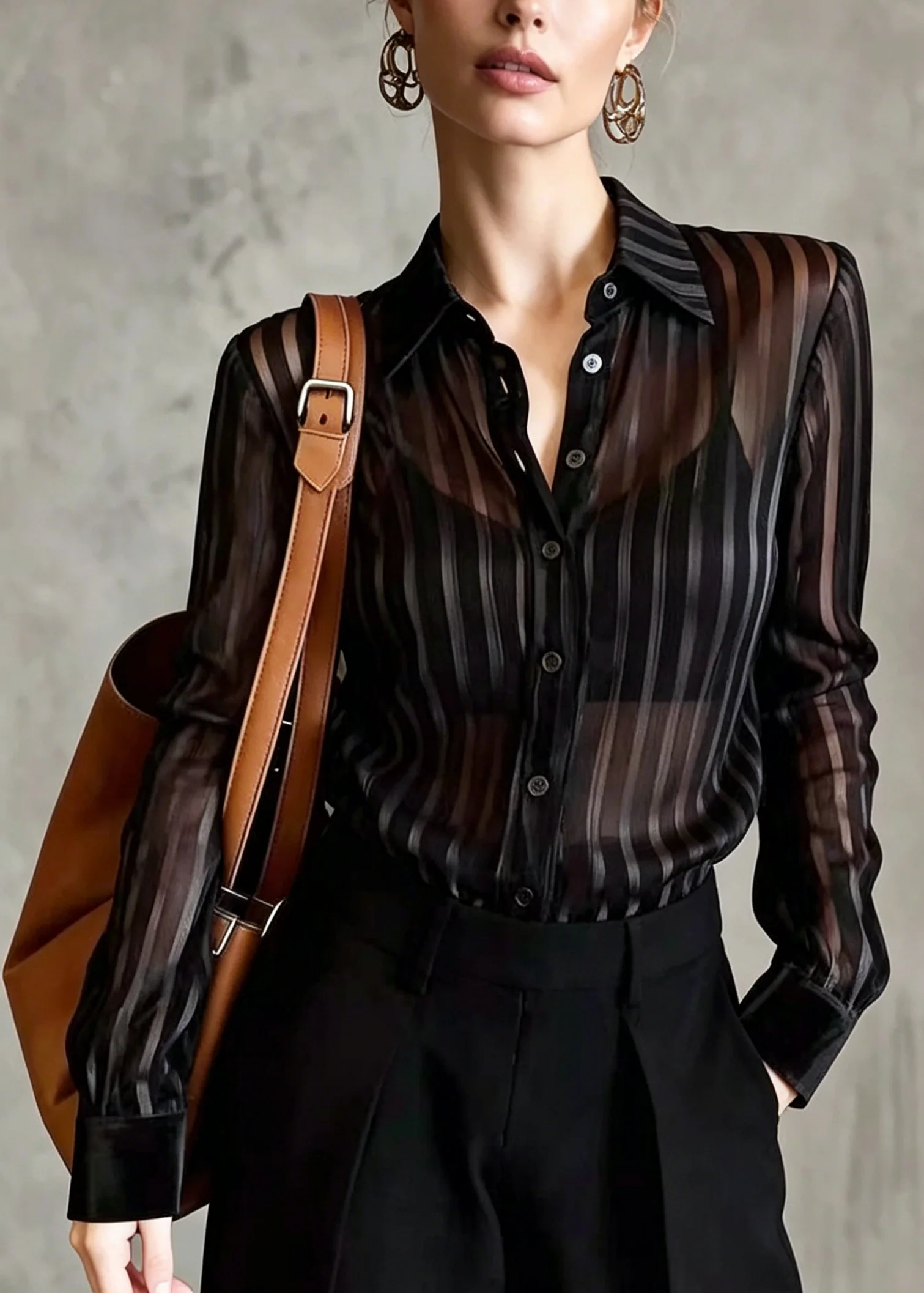Fine Black Peter Pan Collar Striped Chiffon Top Summer - Image 5