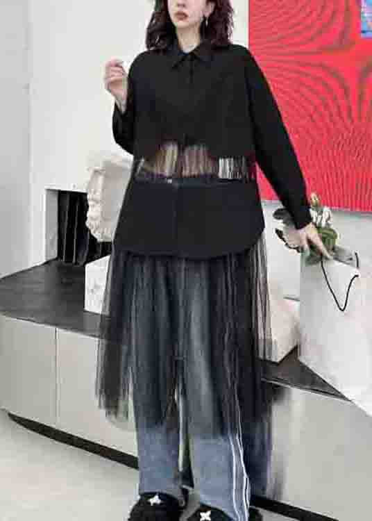 Fine Black Peter Pan Collar Tulle Patchwork Shirts Dress Fall - Image 3