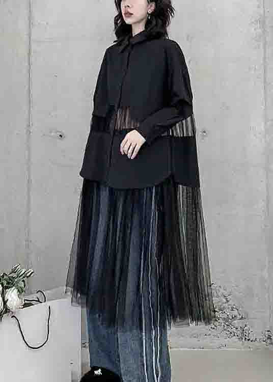 Fine Black Peter Pan Collar Tulle Patchwork Shirts Dress Fall - Image 4