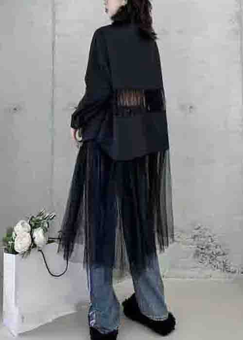 Fine Black Peter Pan Collar Tulle Patchwork Shirts Dress Fall - Image 5