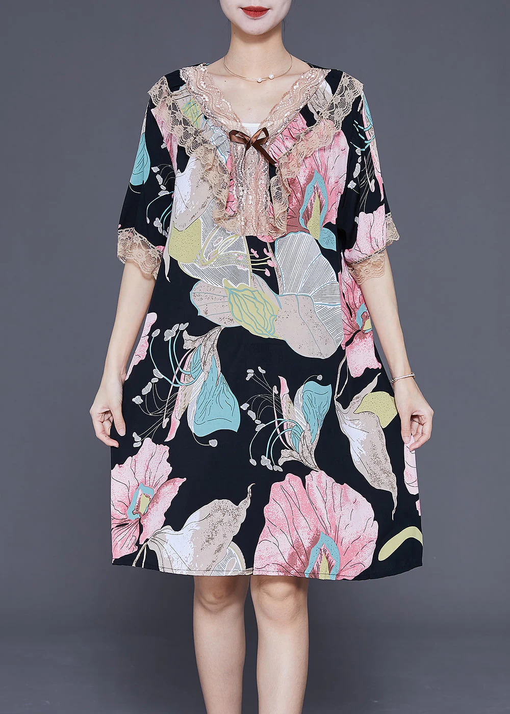 Fine Black Print Lace Patchwork Cotton Holiday Dress Summer - Image 2