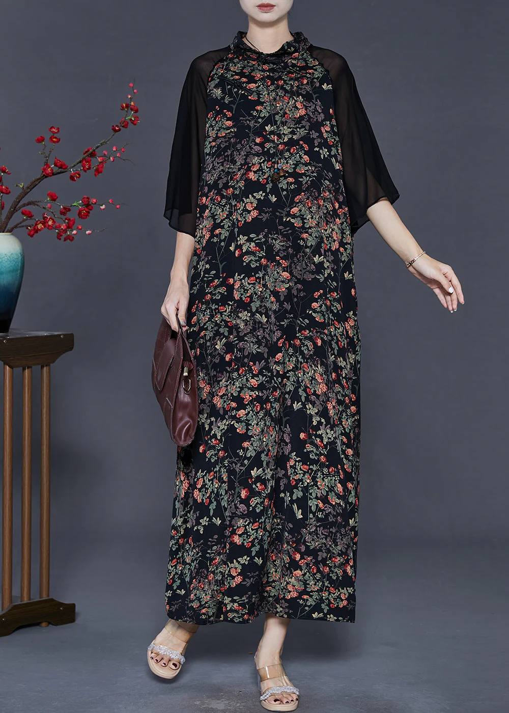 Fine Black Print Patchwork Chiffon Oriental Dresses Summer - Image 2