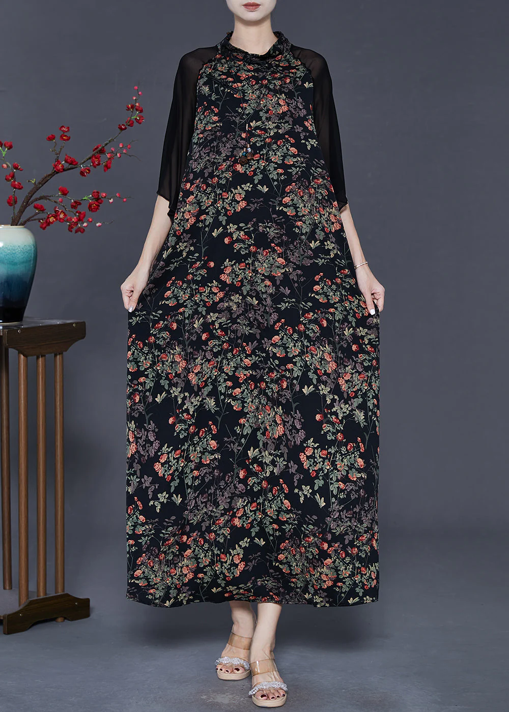 Fine Black Print Patchwork Chiffon Oriental Dresses Summer - Image 3