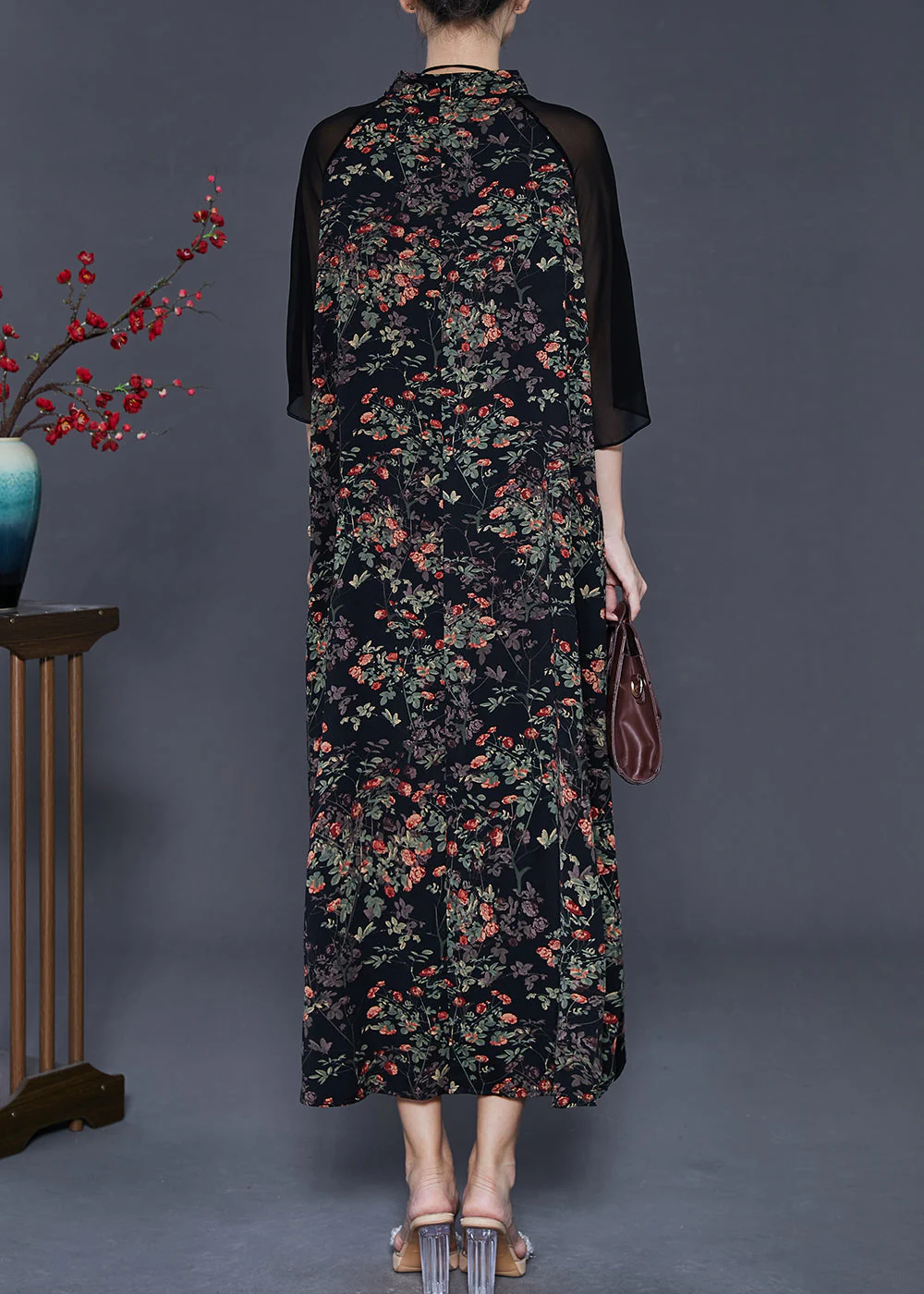 Fine Black Print Patchwork Chiffon Oriental Dresses Summer - Image 4