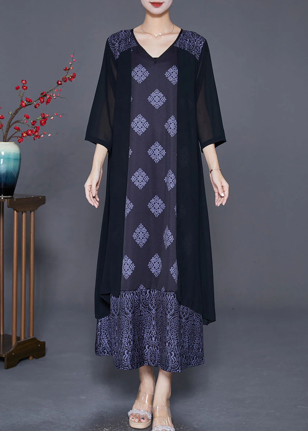 Fine Black Print Patchwork Fake Two Piece Chiffon Vacation Dresses Summer - Image 2