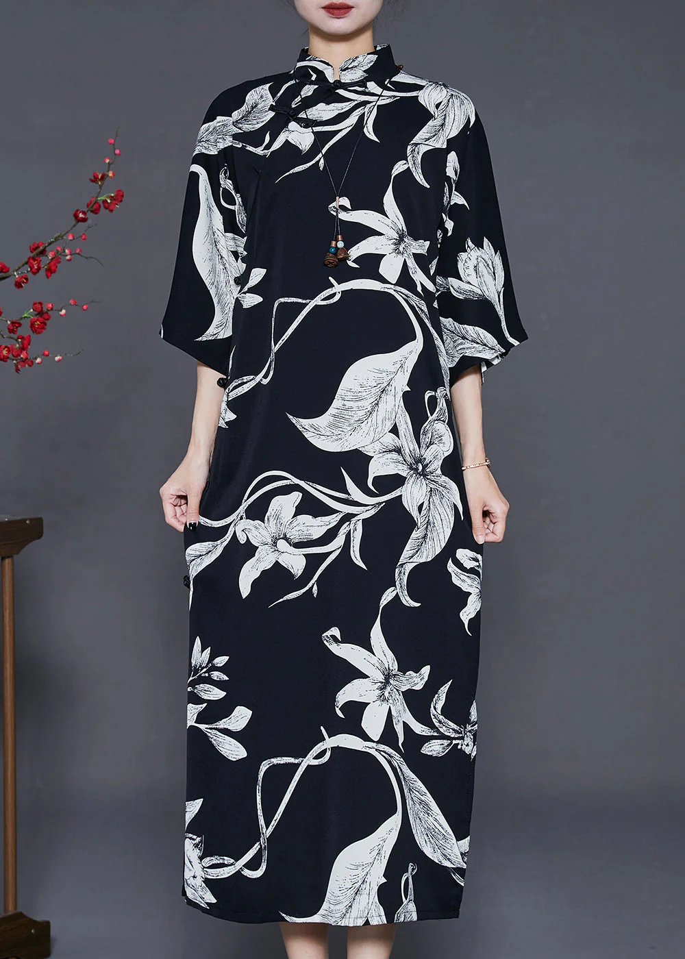 Fine Black Print Silm Fit Oriental Dresses Summer - Image 2