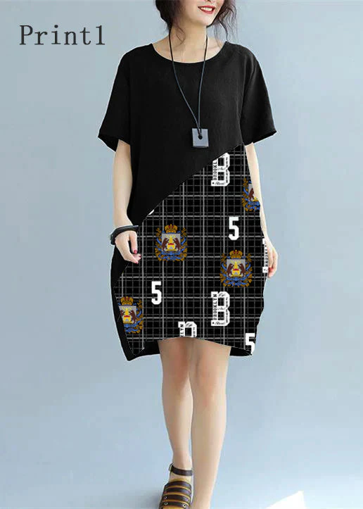fine black -print1 patchwork linen shift dress Loose fitting cotton clothing dress Elegant short sleeve wild prints knee dresses