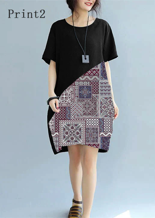 fine black -print1 patchwork linen shift dress Loose fitting cotton clothing dress Elegant short sleeve wild prints knee dresses - Image 2