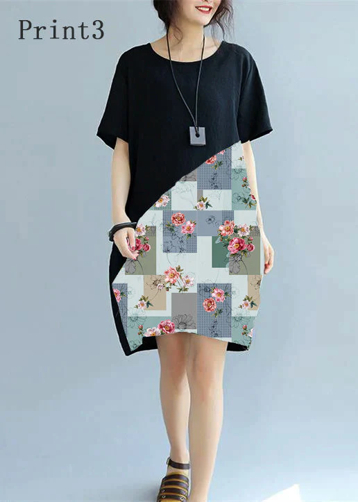 fine black -print1 patchwork linen shift dress Loose fitting cotton clothing dress Elegant short sleeve wild prints knee dresses - Image 3