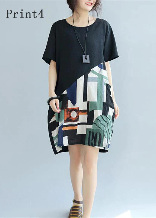 fine black -print2 patchwork linen shift dress Loose fitting cotton clothing dress Elegant short sleeve wild prints knee dresses - Image 3