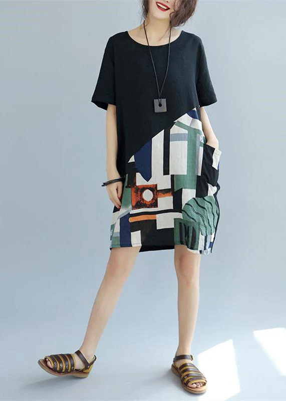 fine black -print3 patchwork linen shift dress Loose fitting cotton clothing dress Elegant short sleeve wild prints knee dresses - Image 3