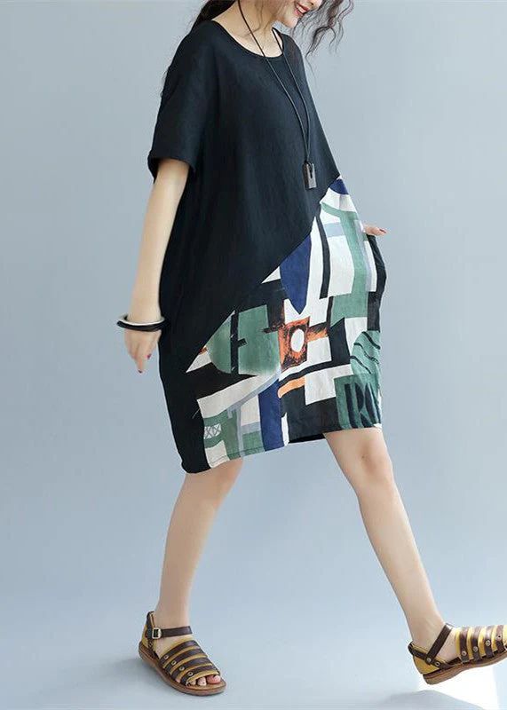 fine black -print3 patchwork linen shift dress Loose fitting cotton clothing dress Elegant short sleeve wild prints knee dresses - Image 4