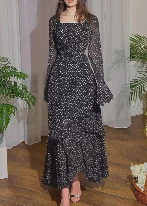 Fine Black Ruffled Print Chiffon Long Dresses Flare Sleeve - Image 2