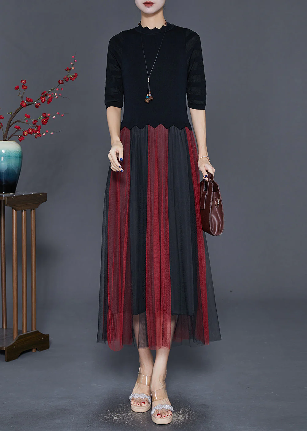 Fine Black Slim Fit Patchwork Tulle Knit Dress Half Sleeve - Image 2