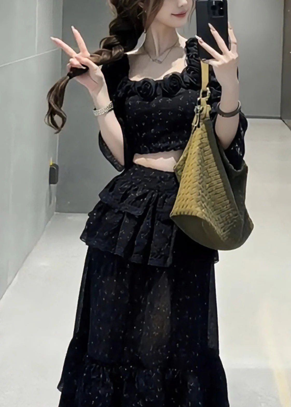 Fine Black Square Collar Floral Top And Maxi Skirts Two Pieces Set Half Sleeve
