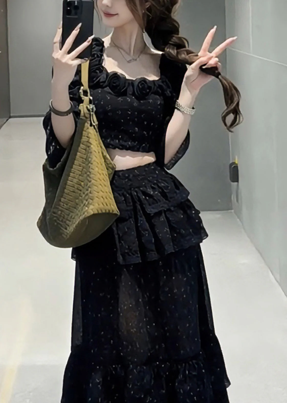 Fine Black Square Collar Floral Top And Maxi Skirts Two Pieces Set Half Sleeve - Image 2