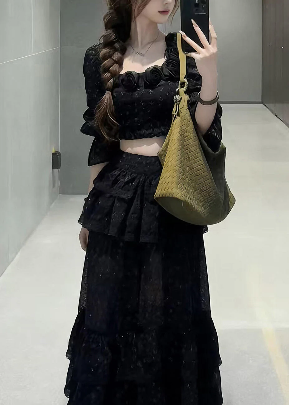 Fine Black Square Collar Floral Top And Maxi Skirts Two Pieces Set Half Sleeve - Image 3