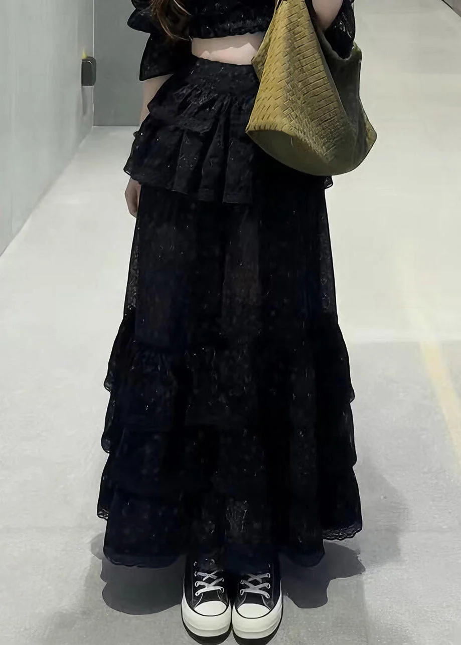 Fine Black Square Collar Floral Top And Maxi Skirts Two Pieces Set Half Sleeve - Image 4