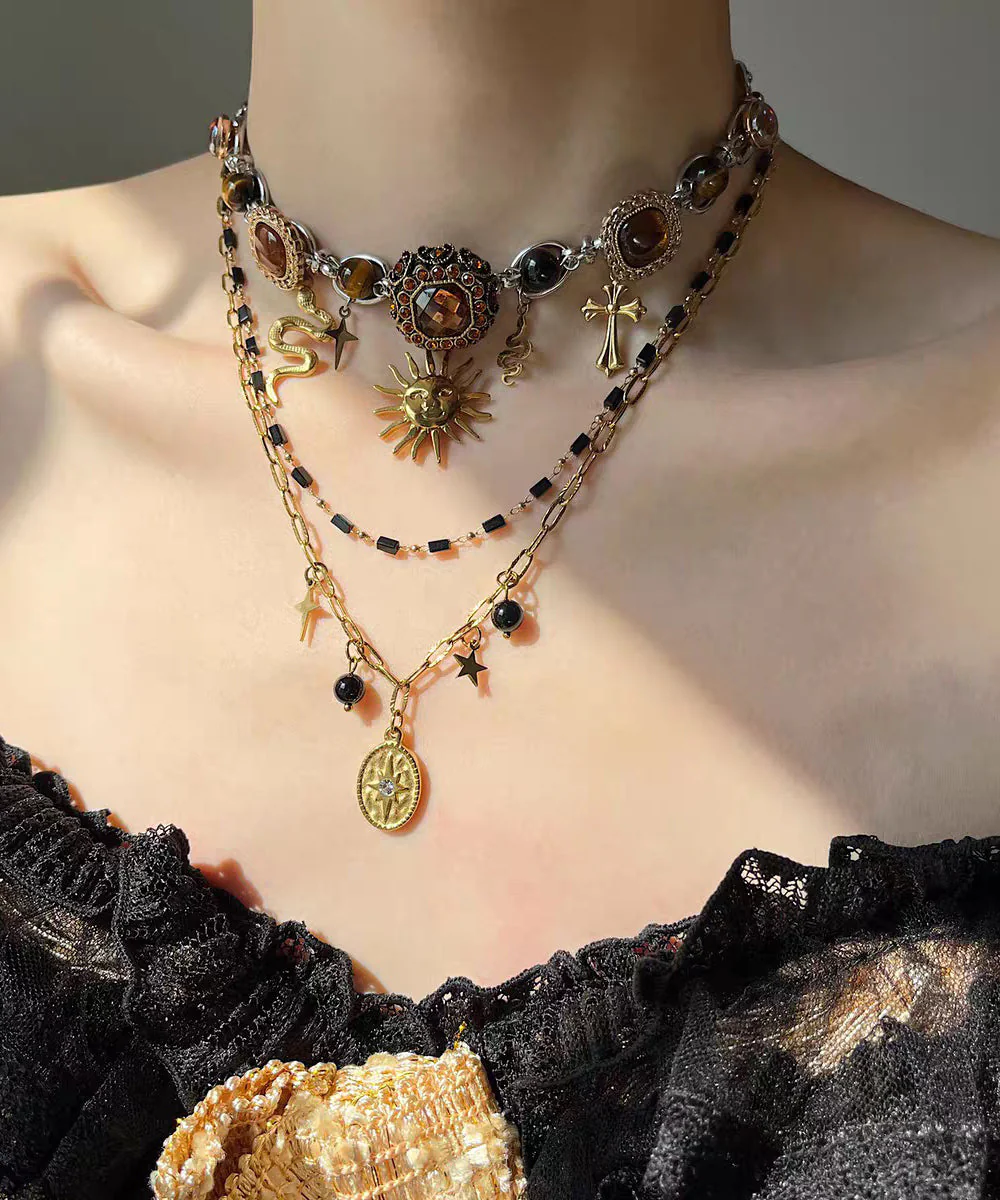 Fine Black Stainless Steel Multi-Layer Sun Pendant Necklace Two-Piece Set - Image 2