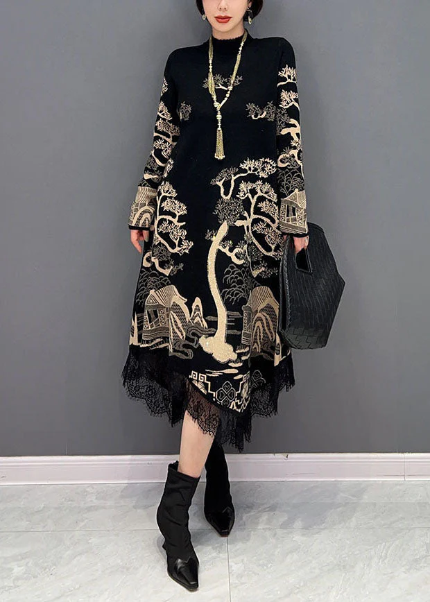 Fine Black Stand Collar Asymmetrical Lace Patchwork Print Cotton Dress Spring - Image 2