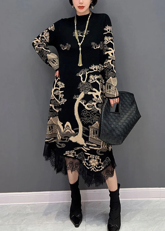 Fine Black Stand Collar Asymmetrical Lace Patchwork Print Cotton Dress Spring - Image 3