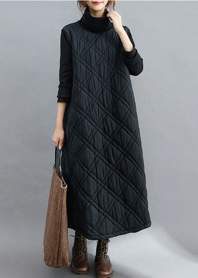 Fine Black Turtle Neck Patchwork Fine Cotton Filled Dresses Winter - Image 2