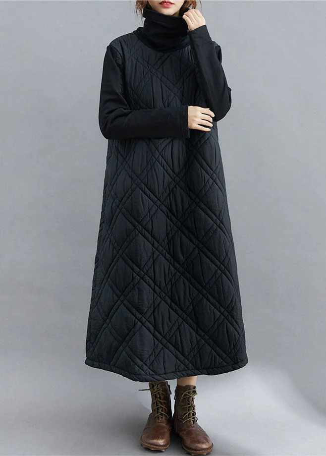 Fine Black Turtle Neck Patchwork Fine Cotton Filled Dresses Winter - Image 3