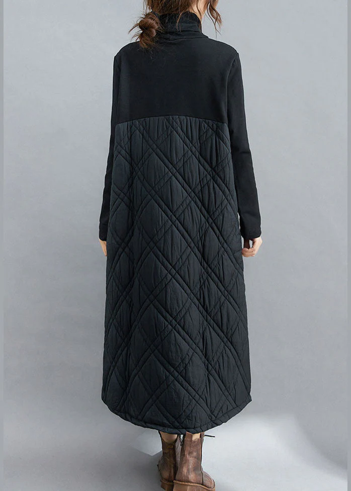 Fine Black Turtle Neck Patchwork Fine Cotton Filled Dresses Winter - Image 4