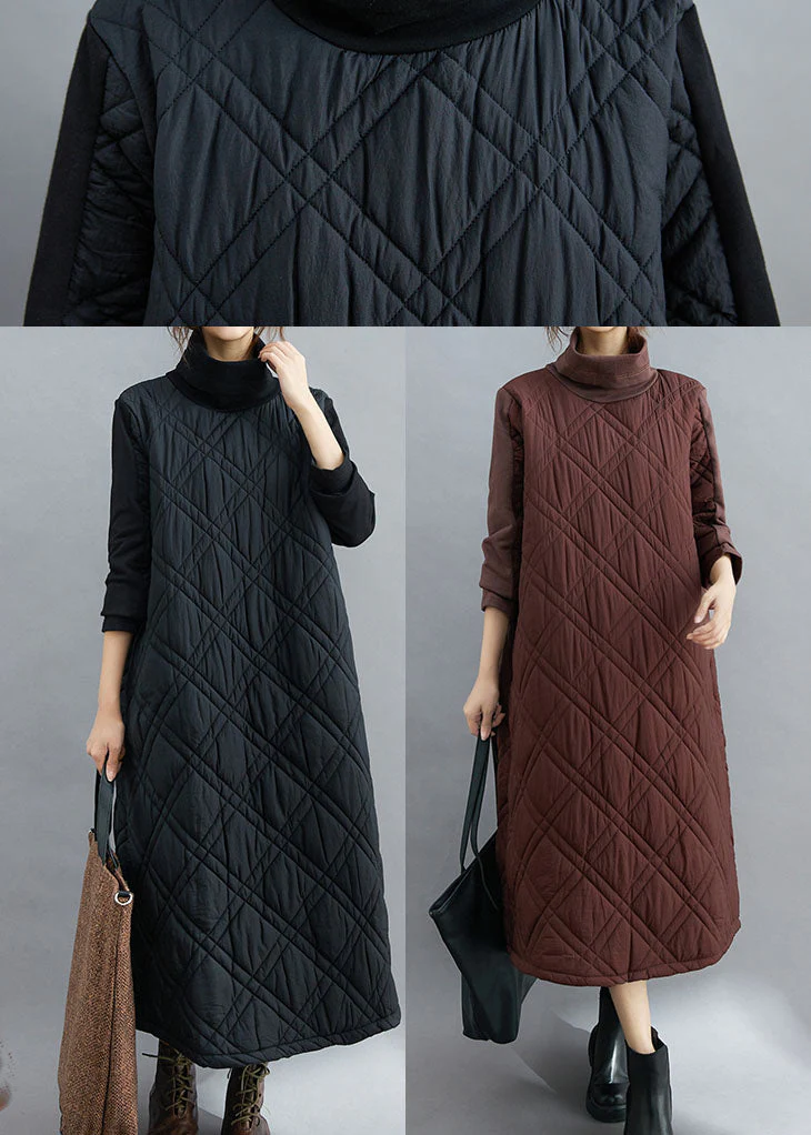 Fine Black Turtle Neck Patchwork Fine Cotton Filled Dresses Winter - Image 5